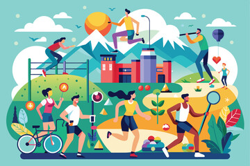 Colorful illustration showcasing various outdoor activities in a city park, promoting fitness, health, and an active lifestyle among diverse groups enjoying nature.