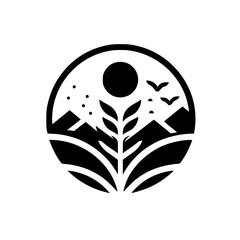 Black & White Nature Icon: Sun, Mountains, Birds, & Plant
