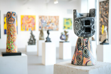 A May outdoor art exhibition with sculptures and paintings displayed isolated on a white background