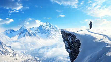 A lone hiker standing at the edge of a snowy cliff, gazing out at the distant mountain peaks under a crisp blue sky, the snow-covered trail winding below.