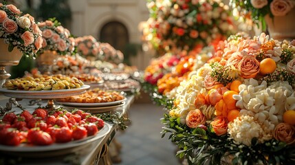 Elegant floral and culinary display at a lavish event, showcasing vibrant arrangements and delicacies