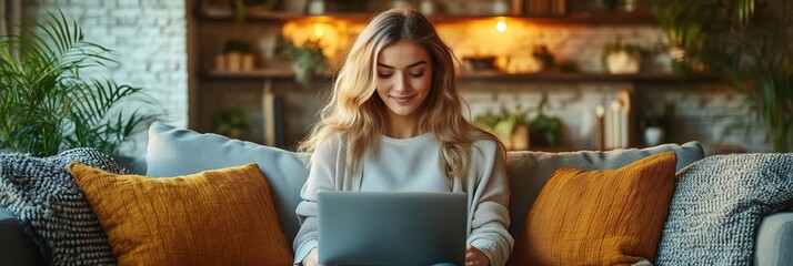 Fototapeta premium Young woman working remotely from home using laptop on sofa
