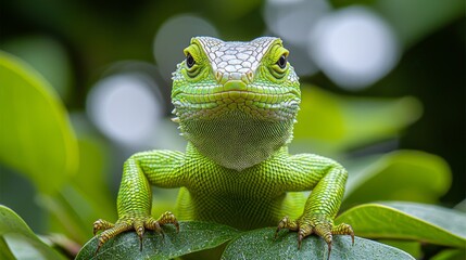 Fototapeta premium A green lizard sitting on top of a green leaf