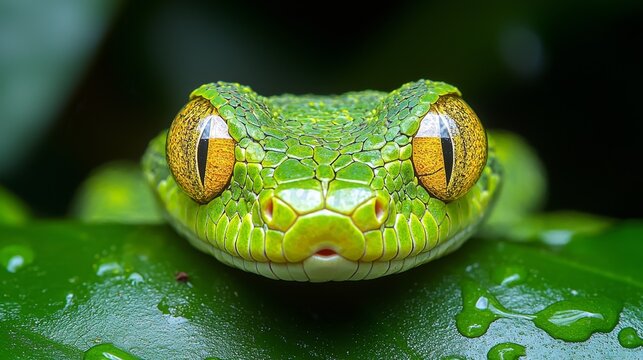 A close up of a green snake on a leaf