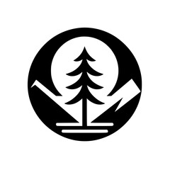 Minimalist Mountain & Pine Logo in Circle, Black & White
