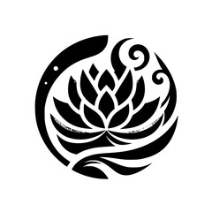 Black & White Lotus Logo, Geometric Floral Design, Abstract Circular Ornament