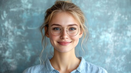 A woman wearing a blue shirt and glasses