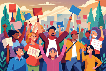 Illustration of a diverse crowd in a peaceful protest, holding signs and banners, symbolizing unity and activism.