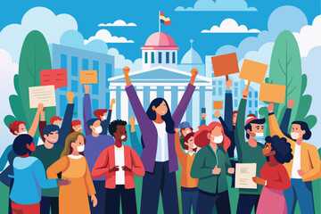 Illustration of a diverse group of people protesting with placards in front of a government building expressing unity and social change.