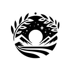 Nightscape Laurel Wreath Logo: Mountains, Stars, Modern Black & White Design