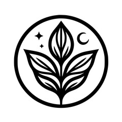Botanical Circle Logo: Leaves, Moon, and Stars, Minimalist Design