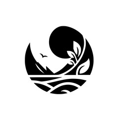 Nature Logo: Black & White Circle with Leaves, Mountains, & Bird