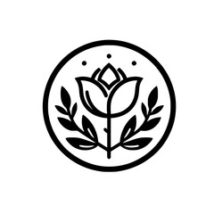 Minimalist Black Floral Emblem: Rose with Leaves in a Circle