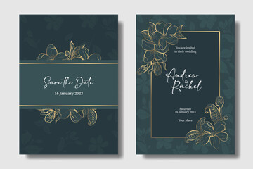 Template Elegant and luxurious jasmine floral wedding invitation green and gold metallic colors