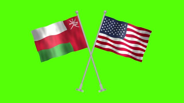 Flag of Oman and USA, Cross table flag of Oman and USA on Green screen chroma key, Oman and USA 3D Animation flag waving in the wind isolated on Green Background. 
