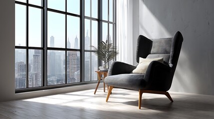 Modern urban living room with city view
