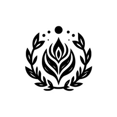 Elegant Black & White Floral Crest Design with Leaves and Circle