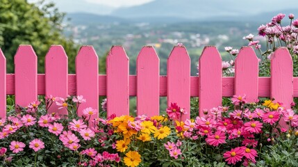 A pink picket fence surrounded by colorful flowers in a garden