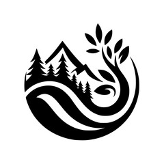 Nature Emblem: Circle Logo with Mountains, Trees & Leaves, Minimalist Black & White Design