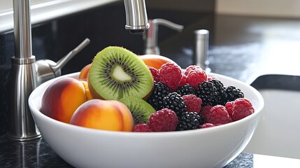 Fresh juicy summer fruits in a bowl kitchen setting red kiwi food ripe dark sweet image snack green