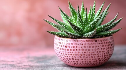 A small green plant in a pink pot on a table