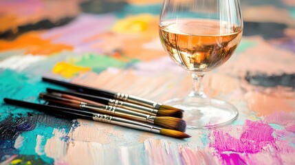 Obraz premium Beautifully arranged scene of paintbrushes and a glass of wine on an abstract painted table