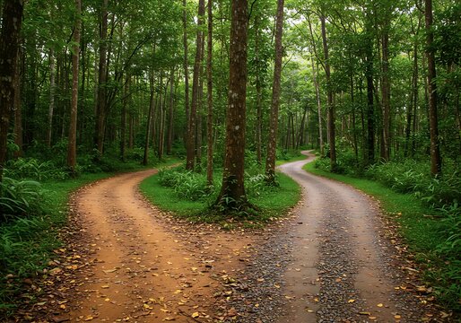 Two distinct paths diverge in a tranquil forest, with one path lined with orange earth and the other made of gravel, inviting exploration under the soft sunlight filtering through leaves