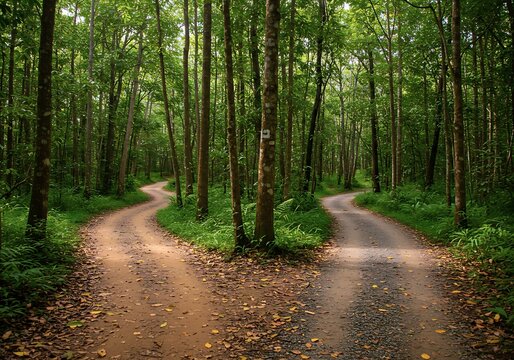 Two winding trails split in a peaceful forest, surrounded by tall trees and rich foliage. Sunlight filters through the leaves, creating a tranquil atmosphere for wanderers