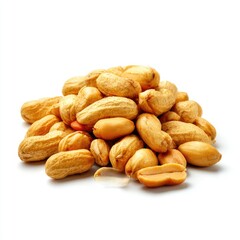 A scattered arrangement of raw, shelled peanuts isolated on a clean white background.