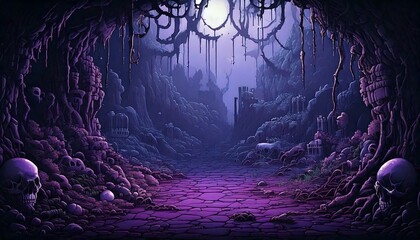 レトロゲーム風の自然のピクセルアート背景（魔物の巣窟） Generative AI