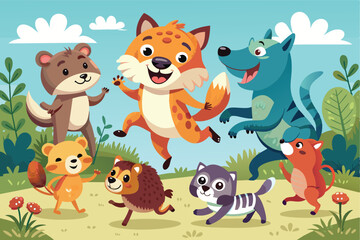 Bright and cheerful illustration of cartoon animals energetically playing together in a vibrant forest setting, showcasing joy and friendship.