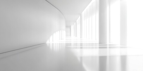 Fototapeta premium Minimalist White Interior Hallway with Bright Light and Reflective Flooring