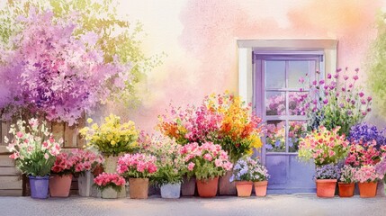 Romantic flower shop scene in watercolor, with lush blossoms outside a weathered storefront