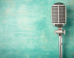 Fototapeta premium Vintage Microphone on Turquoise Background for Music and Events