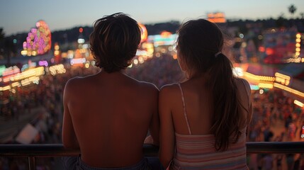 Fototapeta premium Young Couple Enjoys the View of a Lively Amusement Park, Illuminated by Festive Lights, Creating a Memorable Evening Atmosphere Together