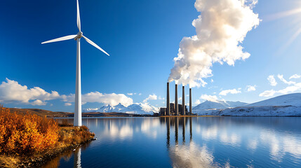 Wind turbine and coal power plant a contrasting energy landscape in iceland photograph scenic outdoor view renewable vs. Non-renewable energy