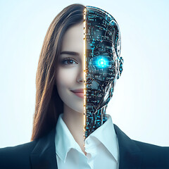 Half human, half robot concept, futuristic AI technology and innovation, digital transformation
