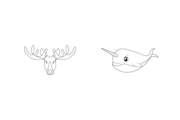 Moose And Narwhal Outlines Vector Illustration Minimalist Animal Design Template
