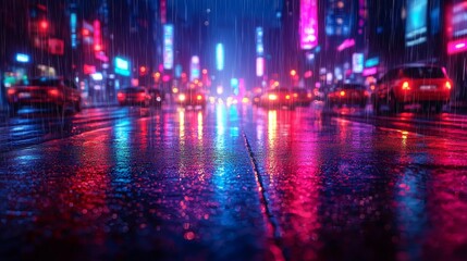 Obraz premium A city street at night with cars driving in the rain