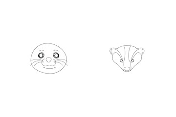 Line Art Illustration Featuring A Seal And Badger Head Animal Sketches