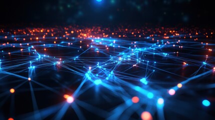 Obraz premium Abstract network background with glowing nodes and lines. Concept of connection, data, and technology.