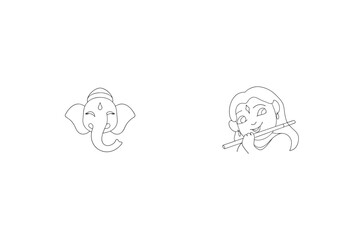 Line Art Illustration Of Lord Ganesha And Lord Krishna Playing Flute