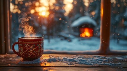 Steaming Mug in a Winter Scene: A Warm Beverage by a Snowy Window with Cozy Cabin