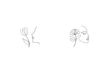 Minimalist One Line Art Female Face And Flower Blossom Set Design