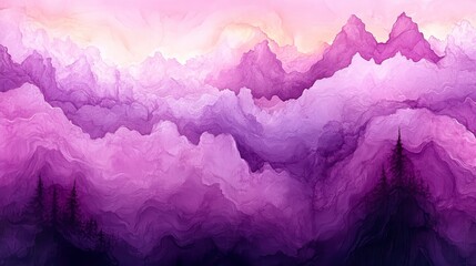 Obraz premium Dreamy pink and purple mountain landscape with soft clouds and a vibrant, colorful horizon in a surreal abstract style