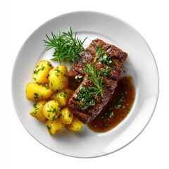 Overhead shot of grilled beef steak served on a plate with sauce, herbs, and potatoes. Isolated on a white background