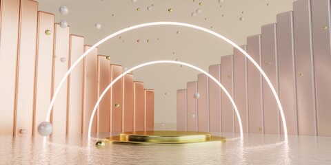 Luxury Product Display Stage with Golden Podium and Glowing Arches – 3D Abstract Background