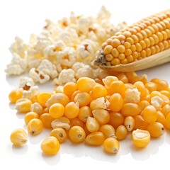 Close-up of fresh popcorn kernels in a bowl on a white background