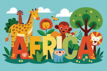 Naklejka premium Vibrant cartoon depiction of African animals, featuring a lion, giraffe, and monkey around stylized lettering. Perfect for educational and children's content.