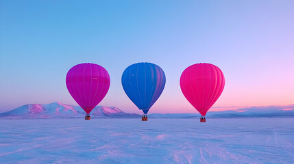 Obraz premium Three Pixelated Hot Air Balloons at Sunrise over Snowy Mountains